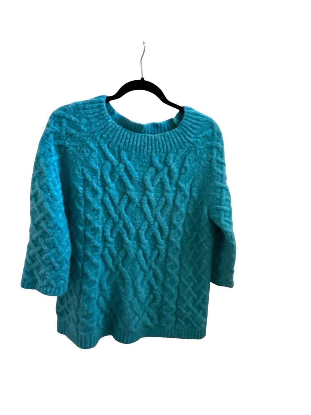 Ann Taylor Loft Teal Blue Cable Basket Weave Boat Neck Sweater 3/4 Sleeve M